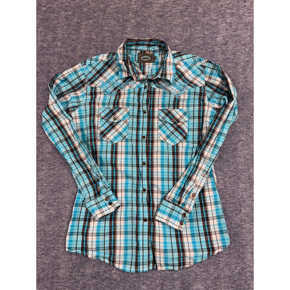 Cowgirl Hardware Rodeo Shirt Teal Plaid Pearl Snap Button Up Pocket Women's Lg